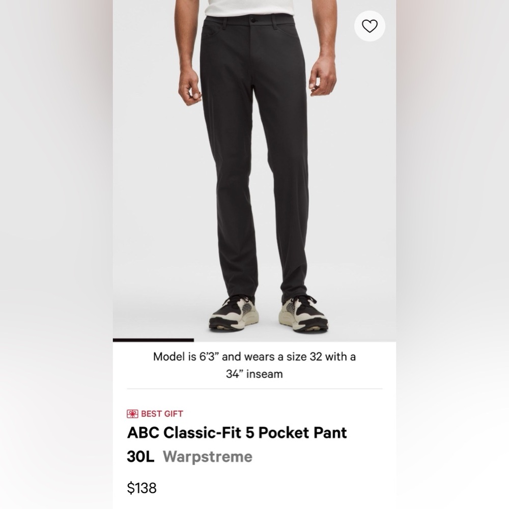 lululemon athletica Men's Black ABC 5 Pocket Classic Fit 38 Waist x 27 Length
